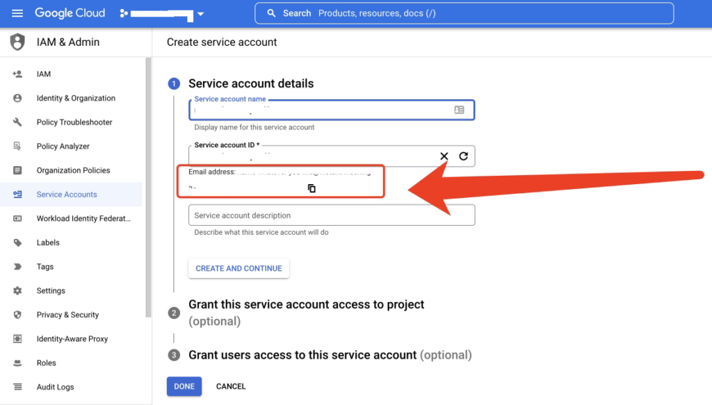 free google indexer - service account email address